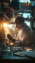 A man in a lab coat is working on a project. The room is dimly lit, and there are several bottles and jars on the table. The man is focused on his work, and the atmosphere is serious and focused