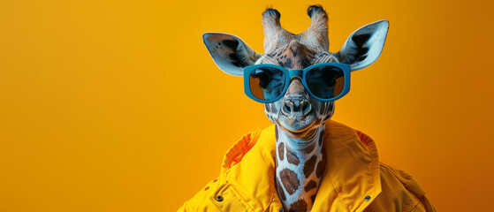 An amusing depiction of a giraffe dressed in a bright yellow raincoat looking trendy and ready for rain against a muted background - obrazy, fototapety, plakaty