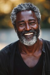 Fototapeta premium Elderly man smiling at camera. A close-up portrait of an elderly, man with a warm smile, wearing fashionable clothes.