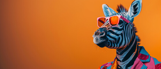 Naklejka premium A zebra decked out in a vibrant 80s inspired get-up complete with a colorful jacket and cool shades against an orange background