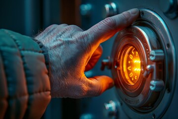 Precision and security blend in this close-up of a man's hand turning a luminous safe dial - obrazy, fototapety, plakaty