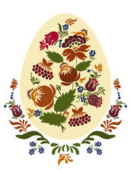 Easter, Easter egg, Petrikovskaya painting, flowers, tulips, leaves, viburnum bunches, vector drawing