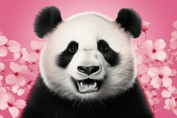 Obraz premium Illustration a cheerful panda, its black and white fur framing a beaming smile, set against a solid-colored backdrop
