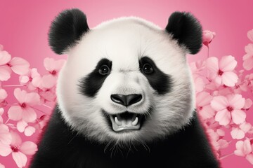  Illustration a cheerful panda, its black and white fur framing a beaming smile, set against a solid-colored backdrop