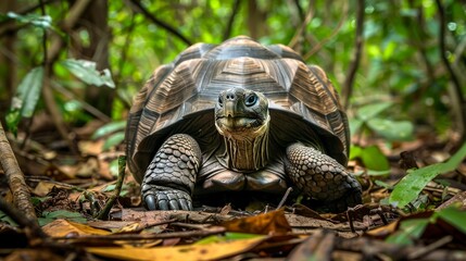 A Madagascar Tortoise, a large turtle species, slowly makes its way through a dense forest filled with fallen leaves. The turtles shell contrasts against the earthy tones of the forest floor as it nav