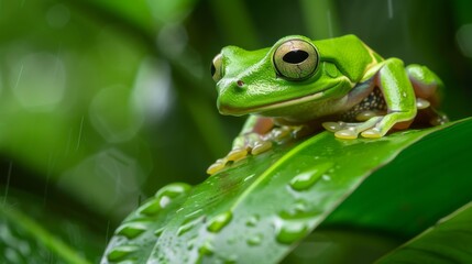 Obraz premium A frog is sitting on a leaf in the rain. The frog is green and has a curious expression on its face