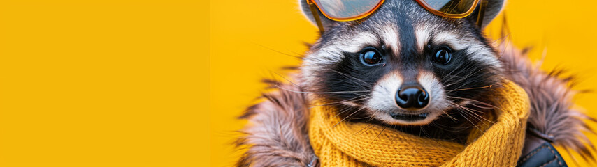 This eye-catching photo features a stylish raccoon adorably posing in a yellow scarf and sunglasses on a yellow background - obrazy, fototapety, plakaty