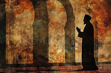 Silhouette of muslim man praying silhouette of muslim man praying with sunset background