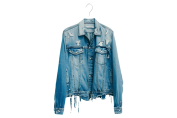 A torn blue jeans jacket hanging isolated on a transparent background
