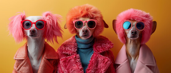Three stylish dogs dressed in human clothing with wigs and glasses against a yellow background