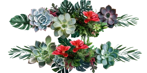Fototapete Rosette of tropical flowers and leaves in floral arrangement isolated on transparent background © kanurism