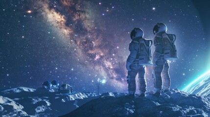 Two Astronauts in Space Suits Stand on the Planet and Looking at the The Milky Way Galaxy. In the Background Lunar Base with Geodesic Dome. Moon Colonization and Space Travel Concept.