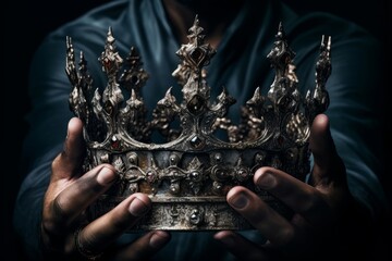 The hands holding the crown, detailed enough to see the texture of the skin against the metal of...