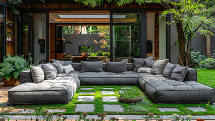 A rattan patio set including a sofa, a table and a chair on a wooden deck in the sunny garden.