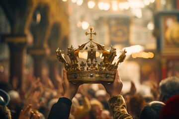 Photo from behind showing hands lifting an ornate crown above the future ruler's head, set against a blurred background of the coronation crowd - obrazy, fototapety, plakaty