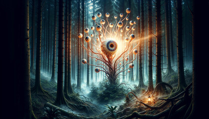 Luminescent Sentinel: Visionary Tree with Watchful Eyes in a Mystical Fog-Laden Forest