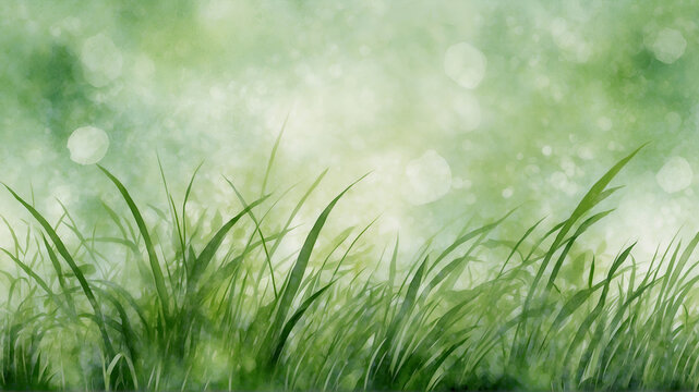 Watercolor green grass illustration. Bokeh green abstract watercolor background. Spring green grass watercolor painting.
