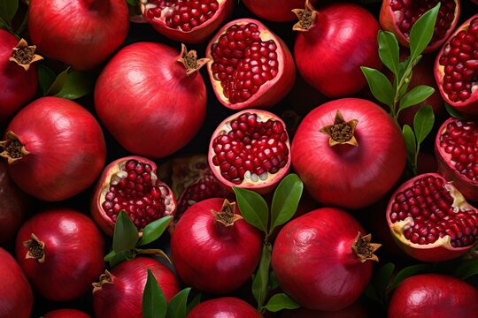 Ripe Pomegranate red fresh background. Cut food. Generate Ai