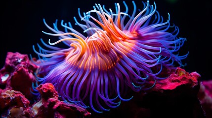 Vibrant tropical sea anemone in deep sea coral reef ecosystem with colorful marine life