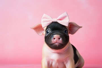A mini pig wearing a cute bow tie and sitting against a soft pastel backdrop, exuding charm and style