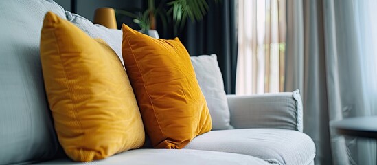 A white couch adorned with bright yellow pillows creates a cozy and inviting atmosphere in the living room. The pops of yellow bring a touch of warmth and comfort to the room
