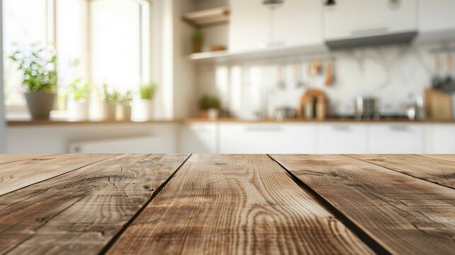 Empty wooden table and blurred background of modern kitchen, product display montage