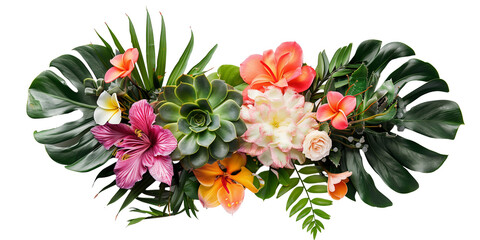Rosette of tropical flowers and leaves in floral arrangement isolated on transparent background