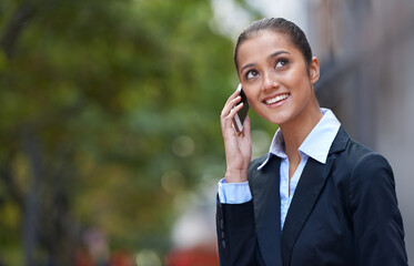 Businesswoman, talking or thinking of phone call in city commute to work or job on outdoor travel....