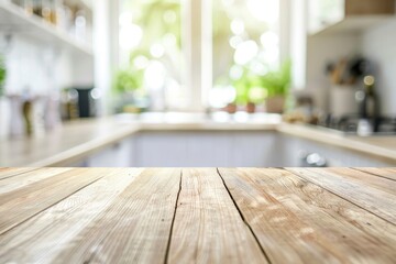 Empty wooden table and blurred background of modern kitchen, product display montage