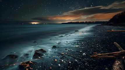 A beach at night is captured in a long exposure, showing the movement of the waves crashing against the shore. The dark sky above is dotted with stars