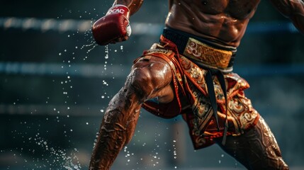 Using the knee is one of the Muay Thai weapons that is used to hit the opponent's stomach or torso to have colicky pain in the abdomen, Muay Thai,Thai martial arts.