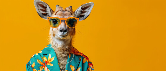 Kangaroo dressed in a tropical aloha shirt posing confidently, symbolizing leisure and vacation vibes on a yellow background - obrazy, fototapety, plakaty