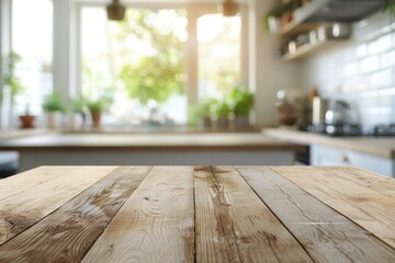 Empty wooden table and blurred background of modern kitchen, product display montage