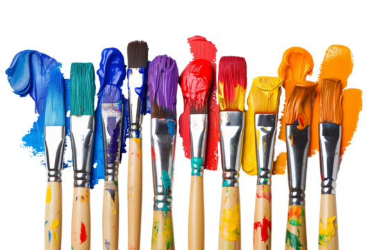 A row of artist paint brushes with colourful paint strokes isolated on transparent background