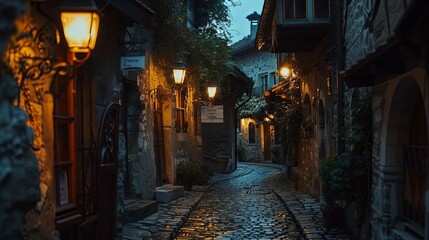 Fototapeta premium Old European Alley Lit by Lanterns at Dusk