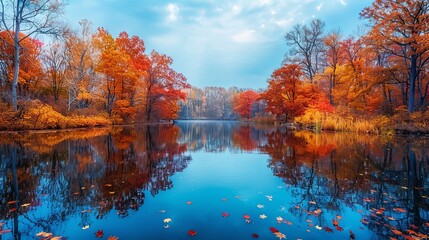 Vibrant Autumn Foliage Reflecting on Serene Lake
 - obrazy, fototapety, plakaty