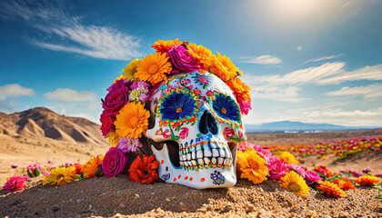 Skull covered with flowers, laying on sand in desert. Death and rebirth. Cinco De Mayo or Dia de Muertos. - obrazy, fototapety, plakaty