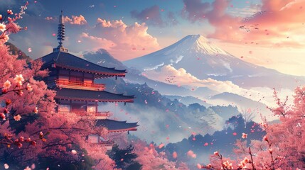 Japan Beautiful view of mountain Fuji and Chureito pagoda at sunset, japan in the spring with cherry blossoms.