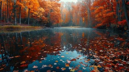 Autumnal Forest Reflecting in Tranquil Pond
