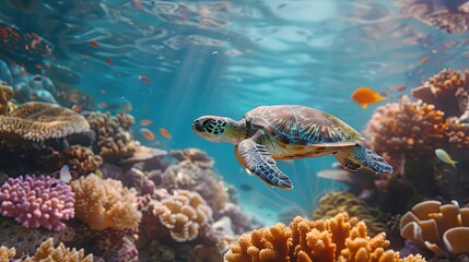 Sea Turtle Swimming in Vibrant Coral Reef
