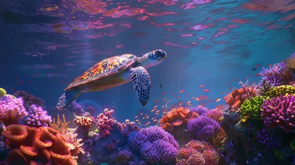 Fotobehang Sea Turtle Swimming in Vibrant Coral Reef  © Pandadeda