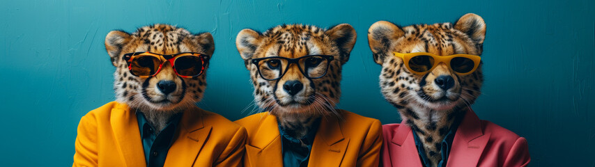 Three cheetahs with blurred faces wearing fashionable colored suits against a blue wall - obrazy, fototapety, plakaty