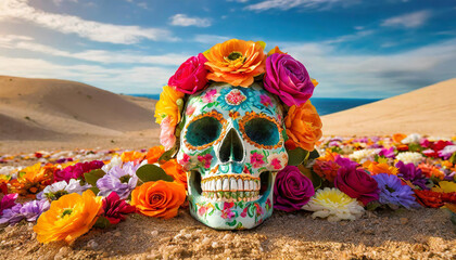 Skull covered with flowers, laying on sand in desert. Death and rebirth. Cinco De Mayo or Dia de Muertos.