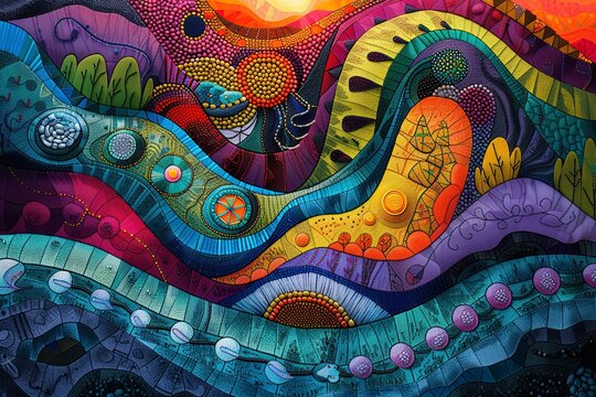 This vibrant artwork fuses abstract forms with elements of nature