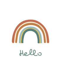 Hand draw rainbow with text hello. Children poster .card, postcard with a rainbow. Poster with rainbow in boho style. Vector illustration.