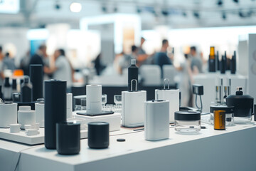 Modern display of cosmetic products in exhibition booth with clean and minimalist design, industry trade. Elegant presentation of beauty items with selective focus and blurred background