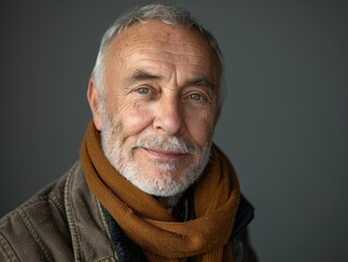 Obraz premium Elderly man smiling at camera. A close-up portrait of an elderly, man with a warm smile, wearing fashionable clothes.