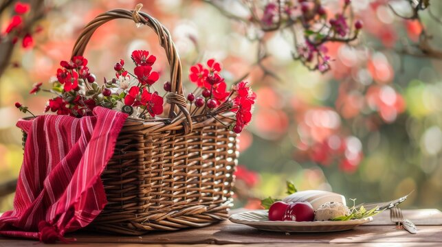 A picnic basket featuring a red napkin, alongside a setting for table placement