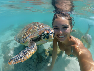 Woman swimming with turtle in cristal clear sea