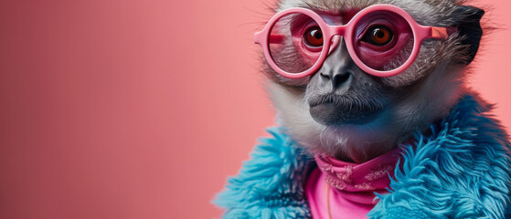This image captures a stylish monkey in pink glasses and a vibrant blue fur, embodying a bold, fashion statement - obrazy, fototapety, plakaty